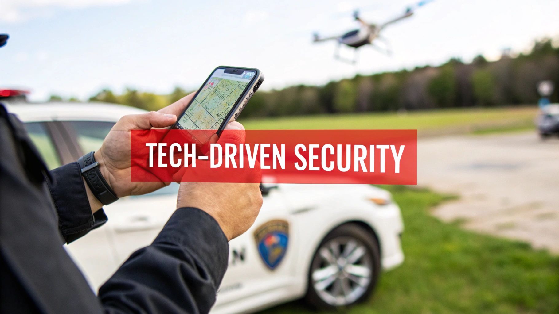 Mobile security officer using smartphone to monitor property with drone in background, emphasizing tech-driven security services by Overton Security Services.