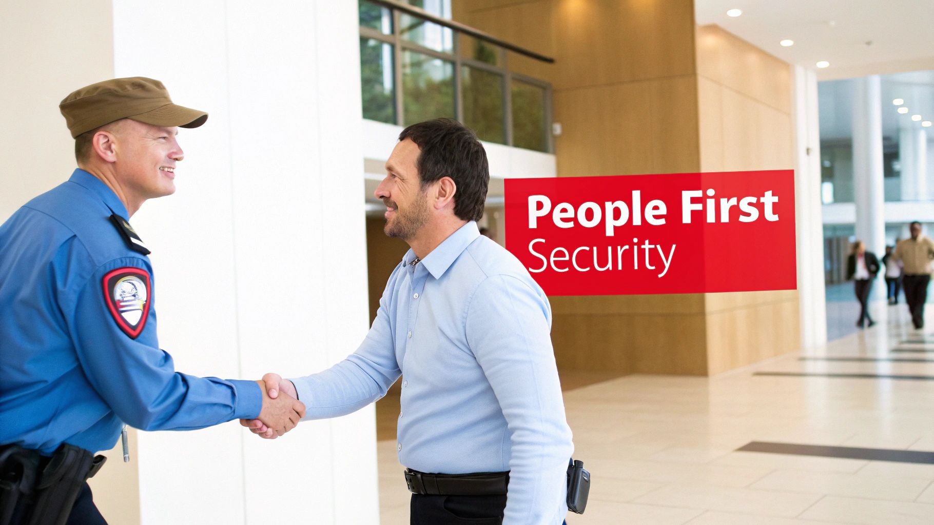 A smiling security guard in uniform shakes hands with a man in a light blue shirt, with a "People First Security" sign in the background.