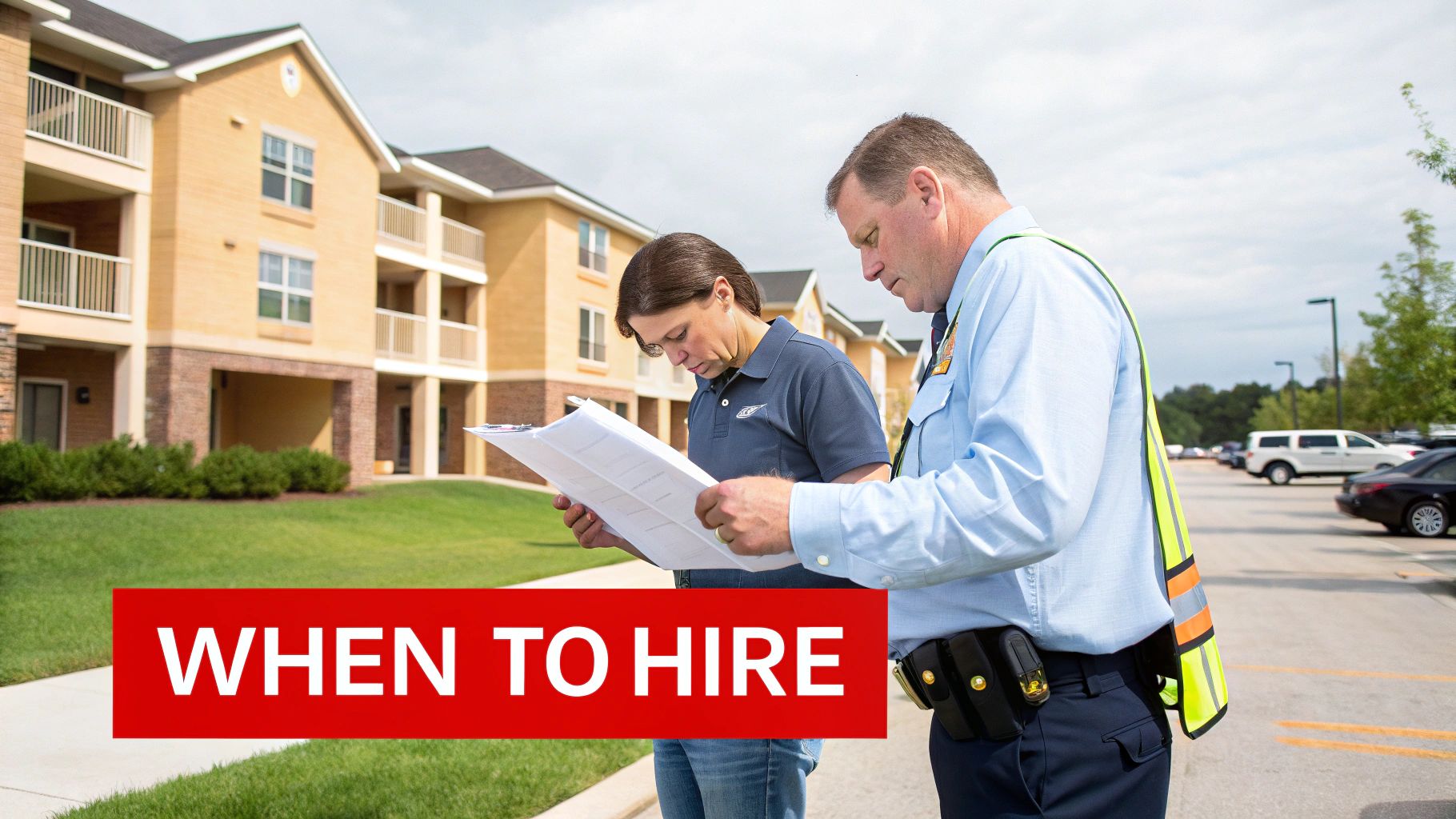 A man in a light blue uniform and a woman review documents outside an apartment building under a cloudy sky.
