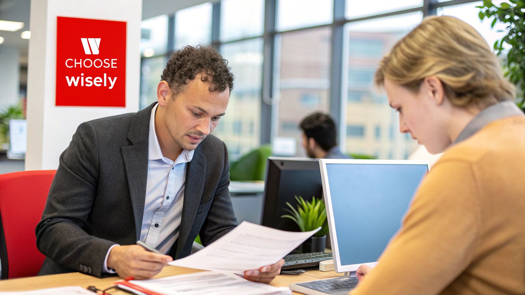 Professional interaction between a man in a suit and a woman, reviewing documents at a desk in an office setting, with a "Choose Wisely" sign in the background, reflecting a focus on decision-making and professionalism.