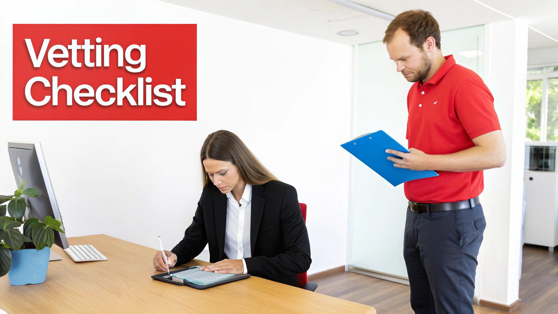 Two professionals, a man and a woman, reviewing documents in an office with a 'Vetting Checklist' sign.