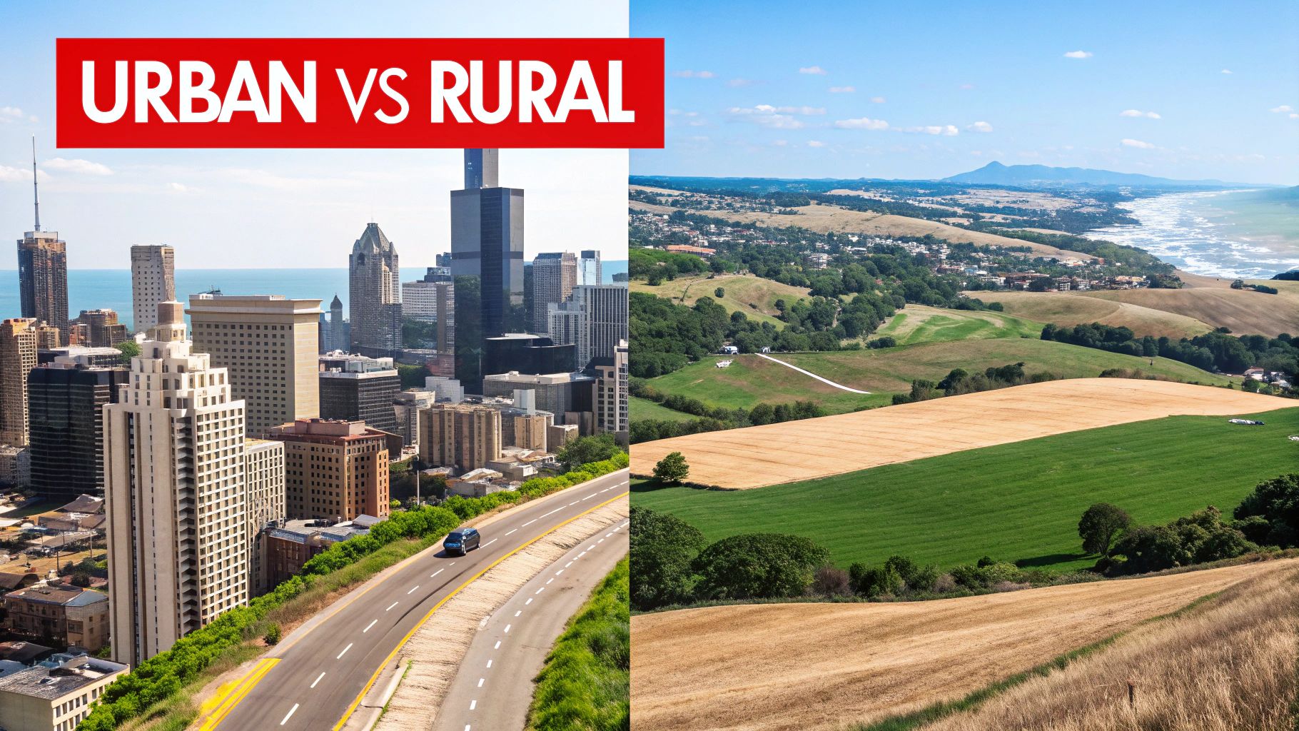 Urban skyline with tall buildings and a highway on the left, contrasting with rural landscape featuring fields and hills on the right, labeled "URBAN vs RURAL."