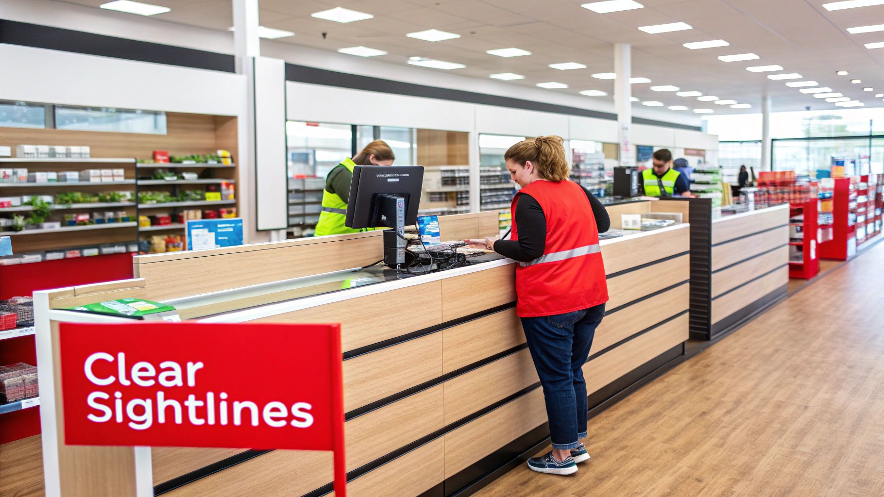 Employees at checkout counters in a modern retail store, with a 'Clear Sightlines' sign.