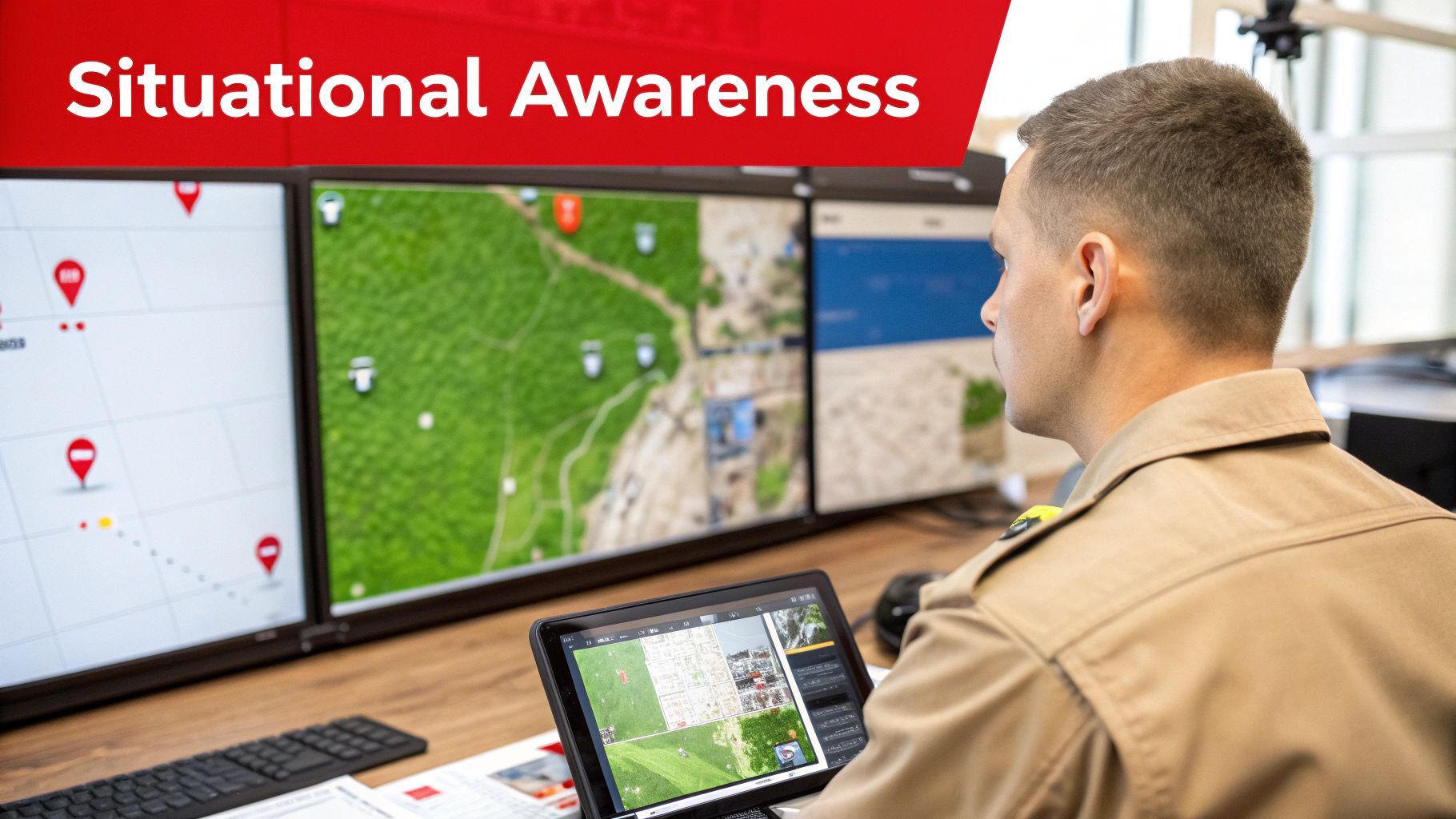 A man in uniform monitors multiple screens showing maps and data for situational awareness.