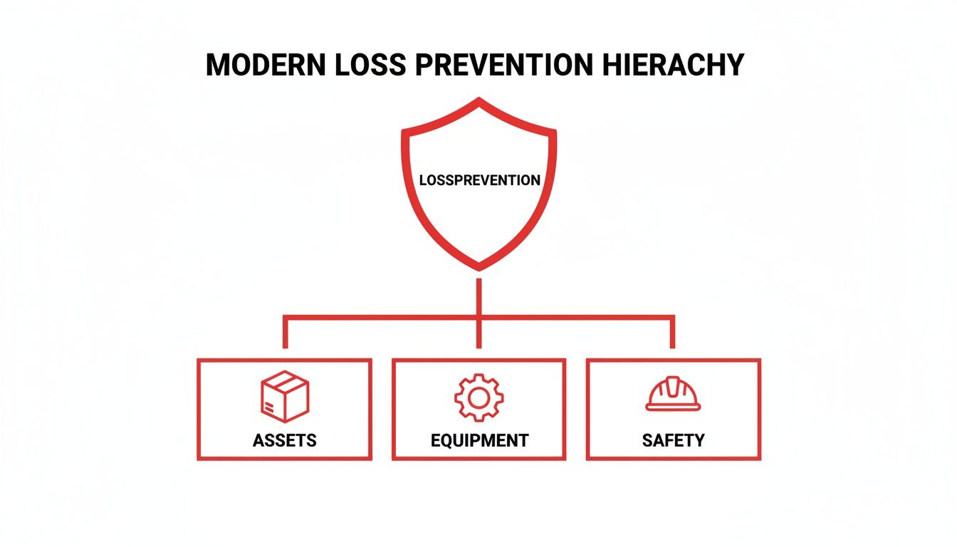 A diagram illustrating the modern loss prevention hierarchy, detailing its key components: assets, equipment, and safety.