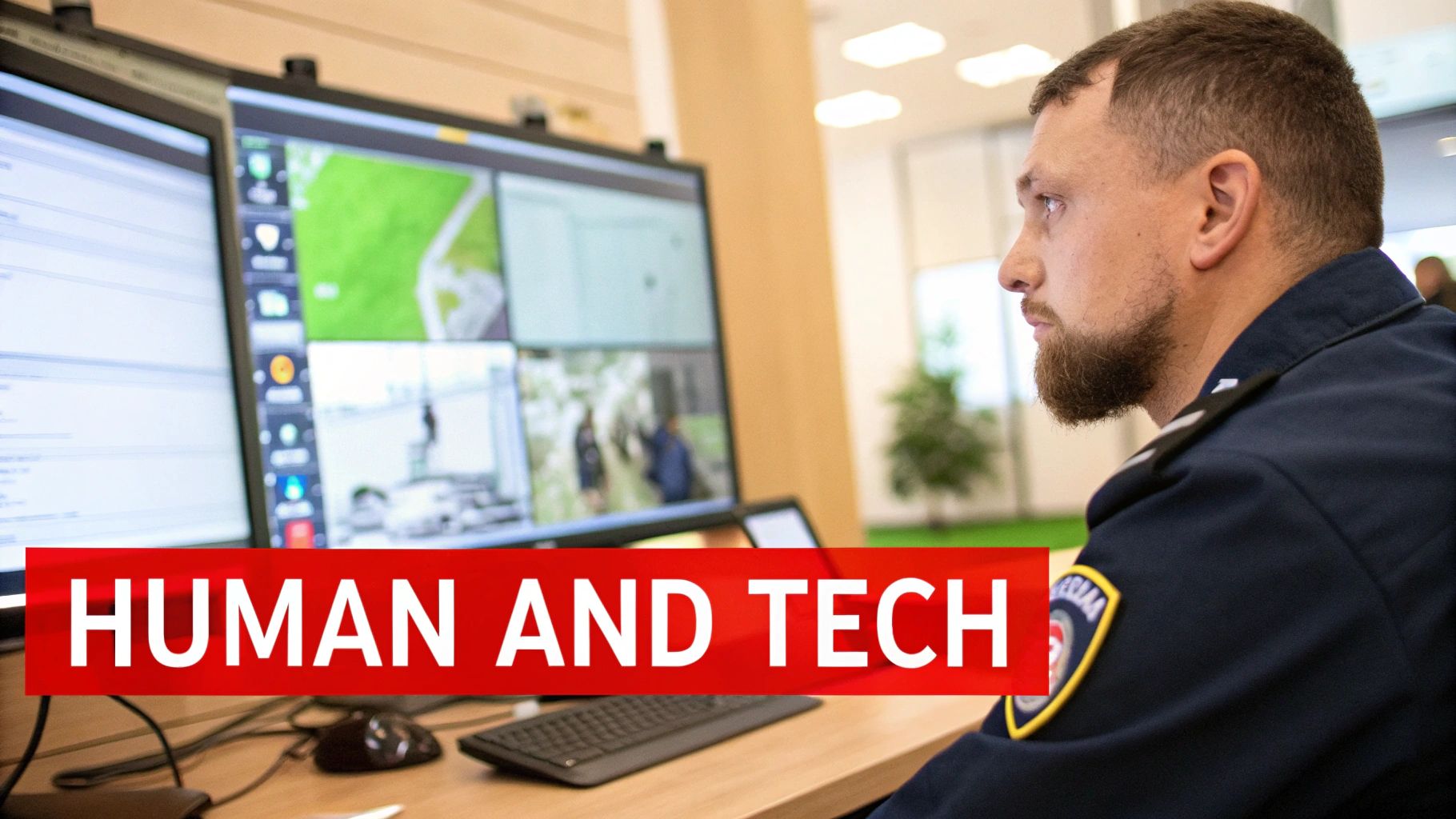 A uniformed security officer with a beard monitors surveillance footage on multiple screens in a control room.