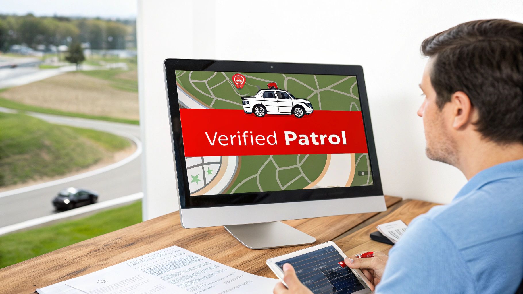 A man reviews a computer monitor displaying 'Verified Patrol' on a map with a car, holding a tablet.