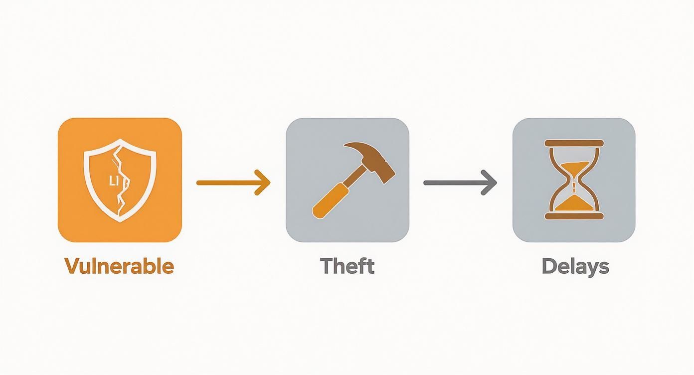 Infographic showing a process: vulnerable security leads to theft, resulting in project delays.