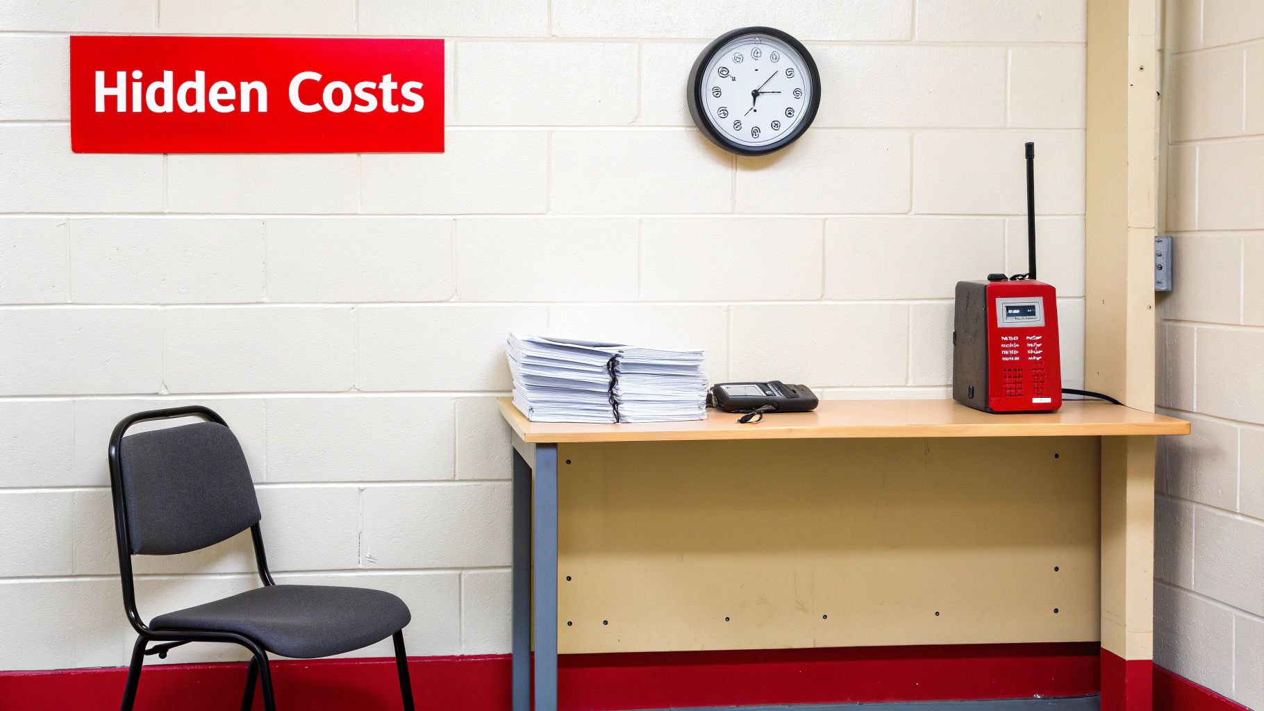 A red 'Hidden Costs' sign hangs above a desk with papers, a clock, and a red communication device.