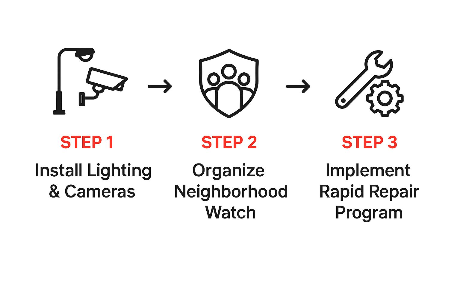 Infographic illustrating three steps for enhancing property security: Step 1 - Install Lighting & Cameras, Step 2 - Organize Neighborhood Watch, Step 3 - Implement Rapid Repair Program, emphasizing proactive vandalism prevention strategies.
