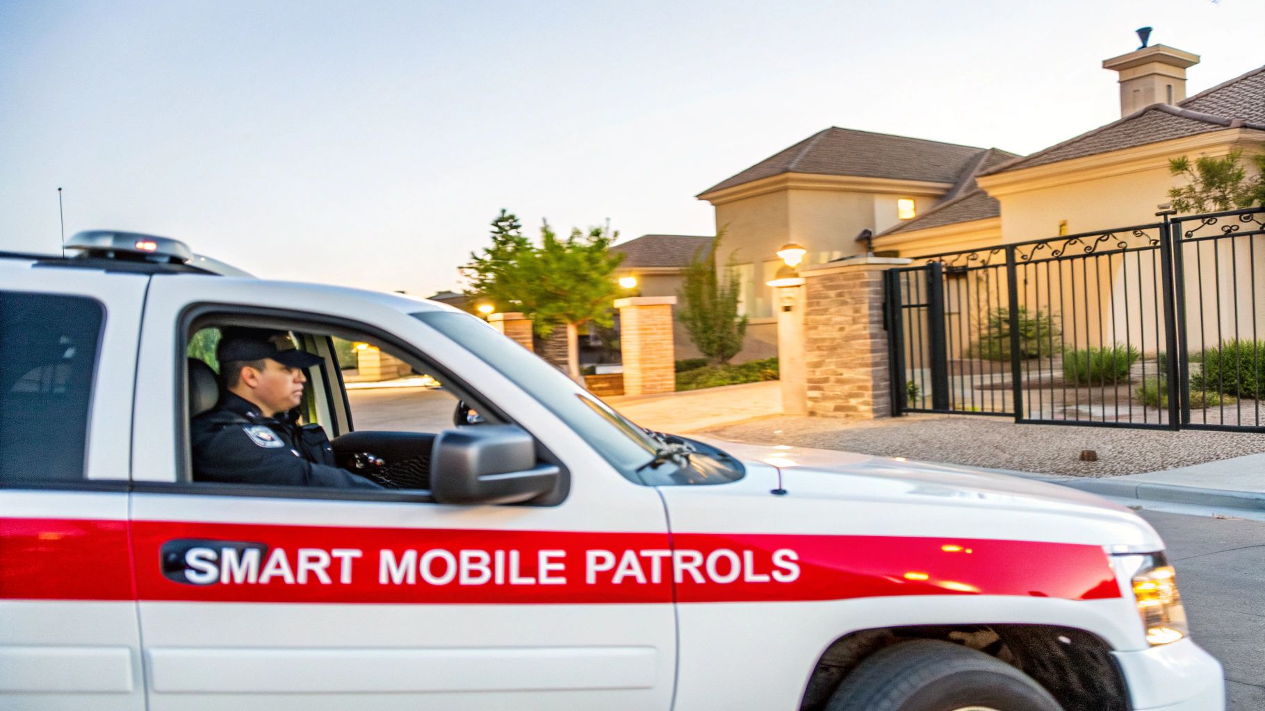 A security guard in a 'SMART MOBILE PATROLS' SUV drives past upscale homes with a gated entrance.