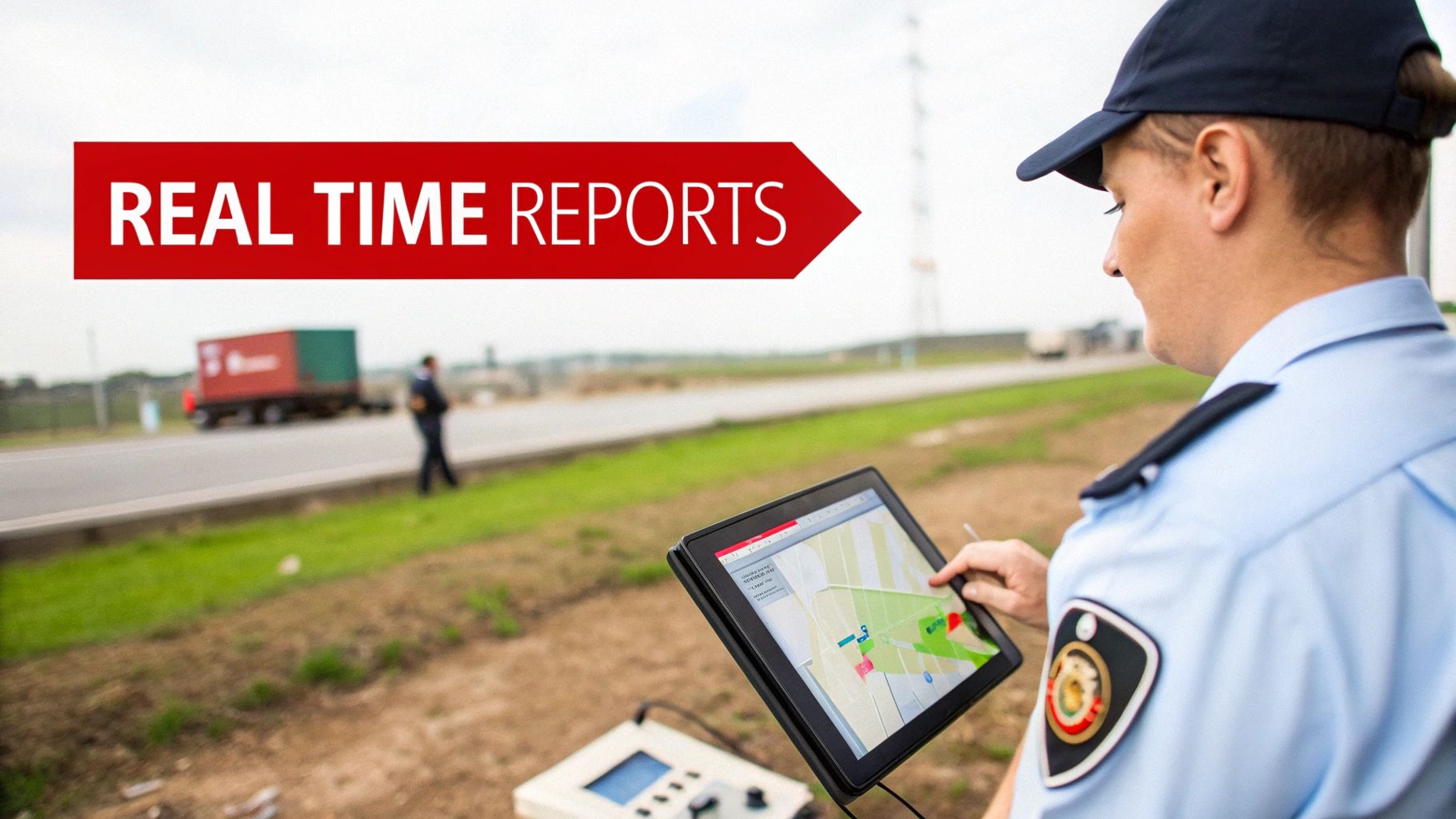 Security guard in uniform uses a tablet with a map application for real-time reports outdoors.