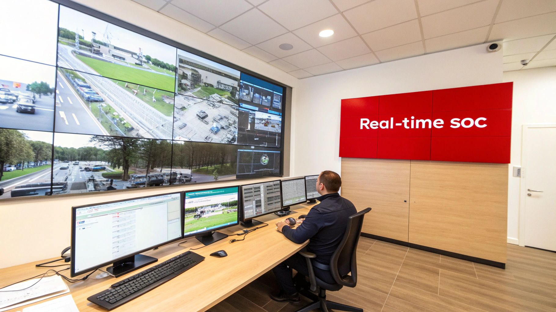 Professional monitoring a multi-screen setup and large video wall in a real-time SOC environment.