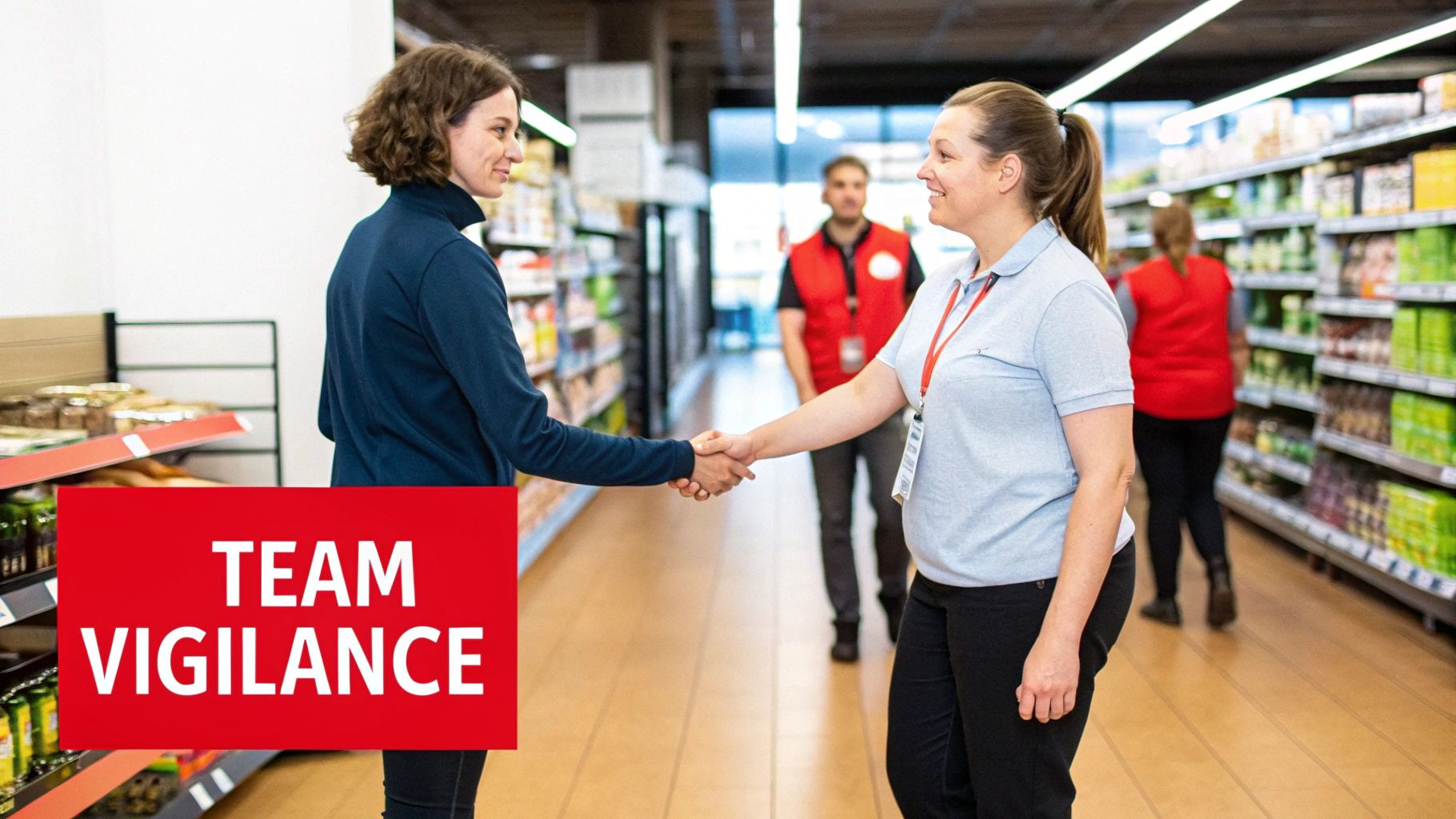 Team members shaking hands in a retail store, emphasizing teamwork and vigilance in loss prevention, with shelves stocked with products in the background.