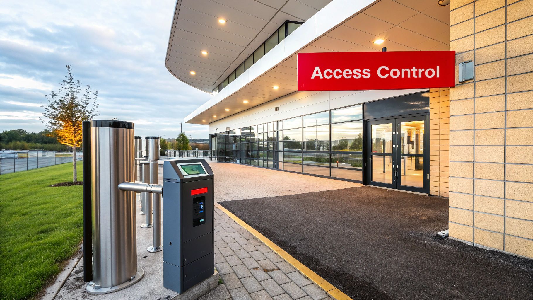 Access control system at a modern building entrance featuring automated turnstiles and a digital access panel, emphasizing security measures for property management.