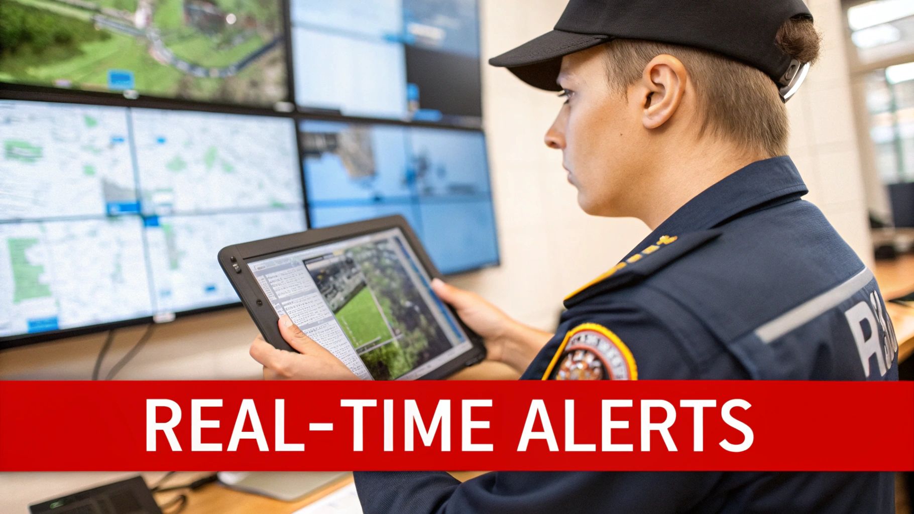 Security officer monitoring real-time alerts on a tablet with multiple surveillance screens in the background.