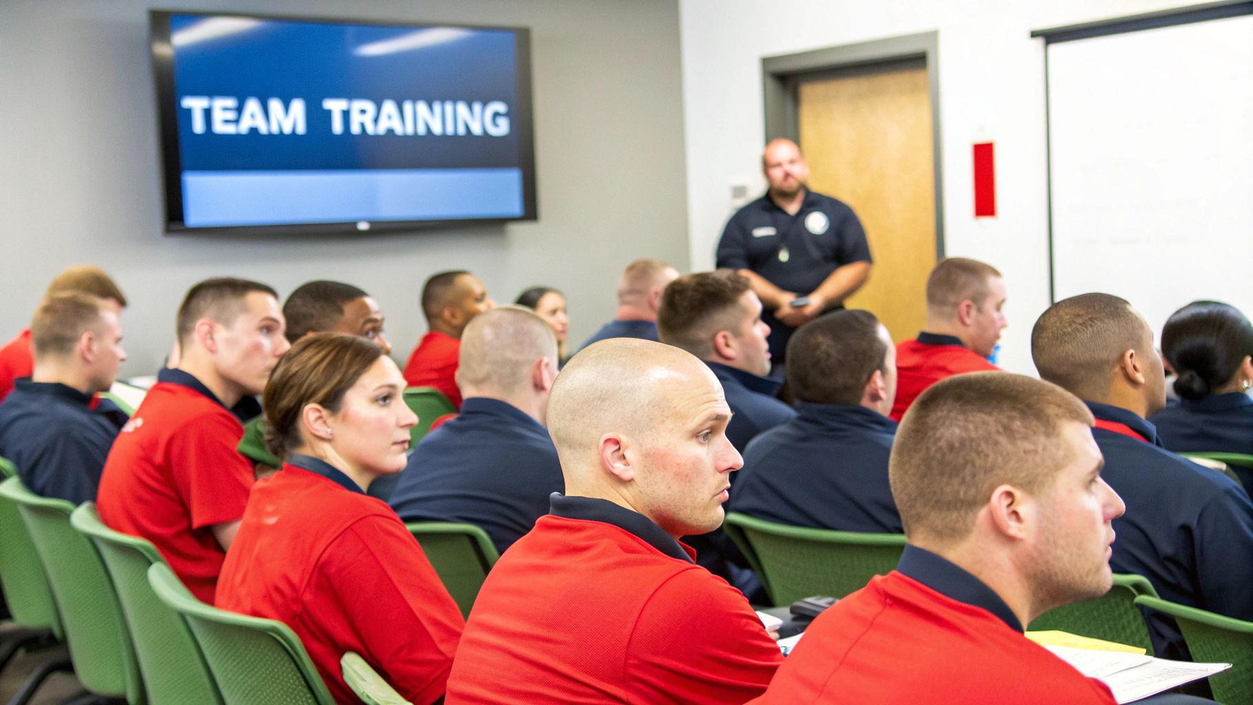 A security officer using a tablet to log data while on patrol