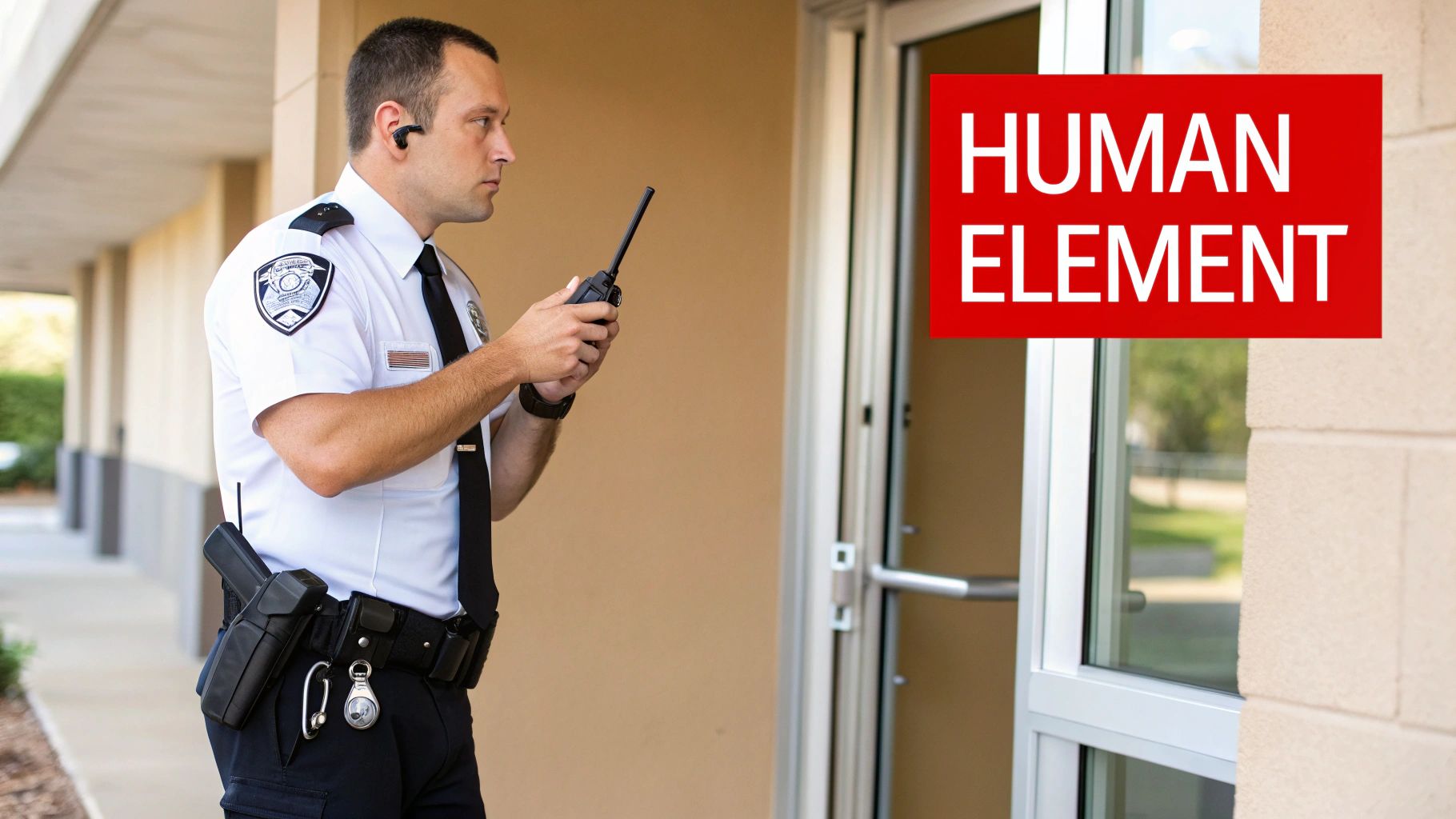A male security guard in uniform holding a two-way radio stands alert by a building entrance.
