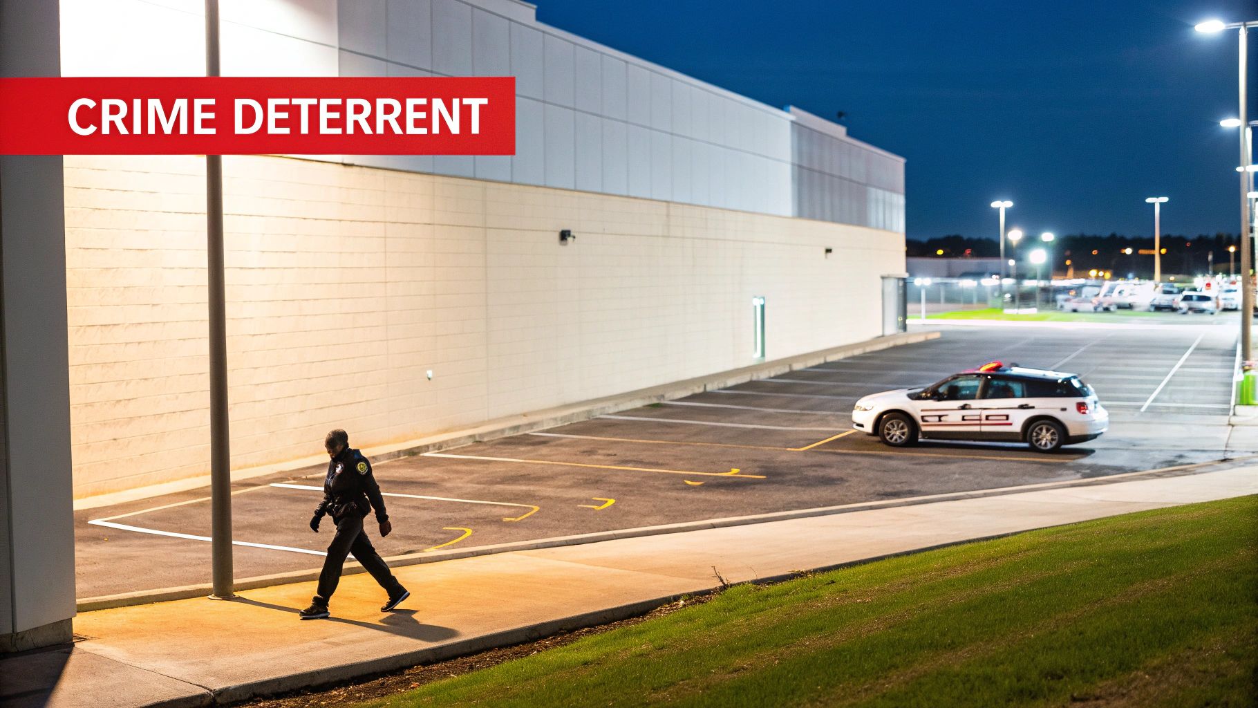 A security guard patrols a well-lit parking lot at night, with a patrol vehicle nearby, acting as a crime deterrent.
