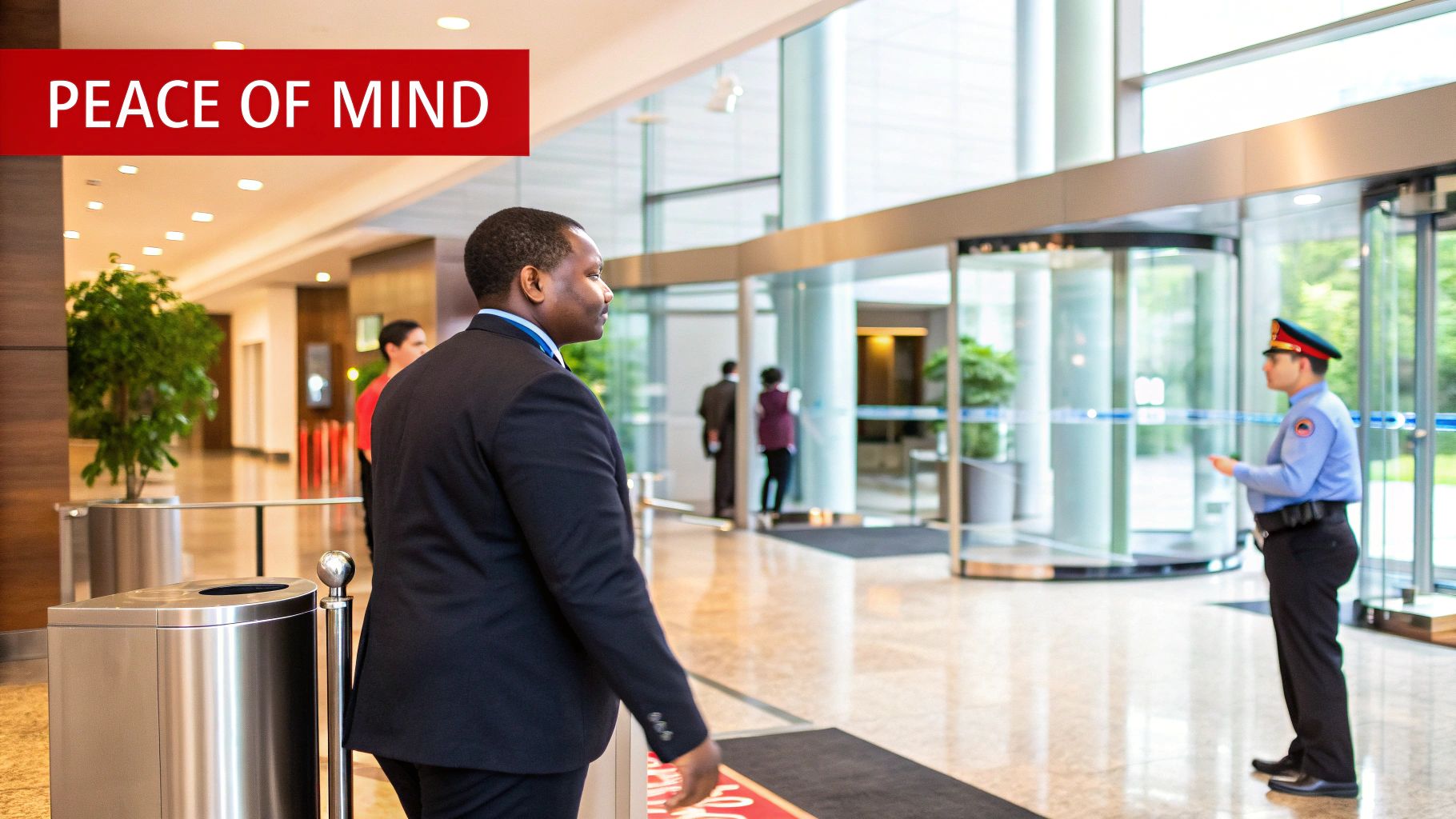 Business professional entering a modern building with a security officer in uniform, emphasizing safety and peace of mind in a welcoming environment.