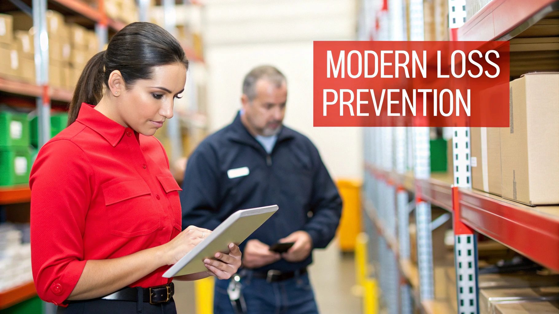 Woman in red shirt using tablet in warehouse, with text overlay "Modern Loss Prevention," reflecting proactive loss prevention strategies for asset protection and shrinkage reduction.