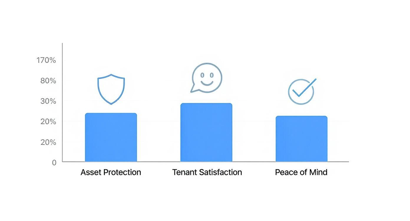 Bar chart illustrating property benefits: Asset Protection, Tenant Satisfaction, and Peace of Mind.