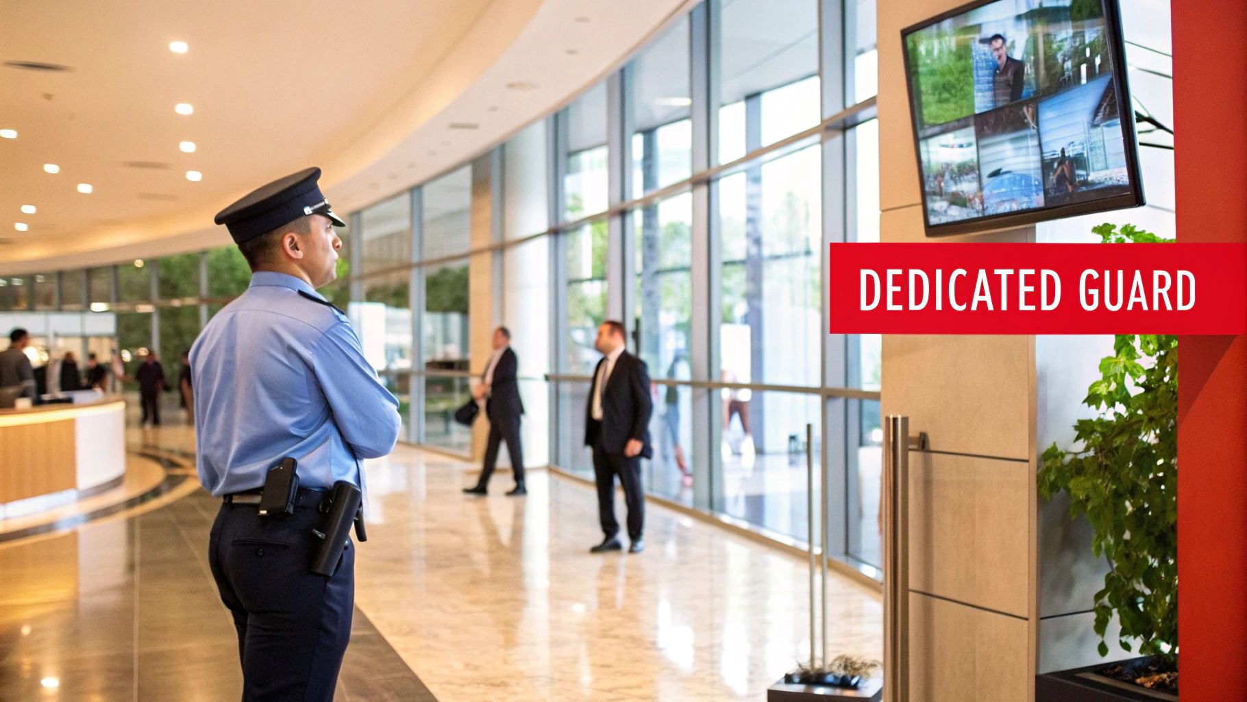 Onsite security officer monitoring CCTV in a control room