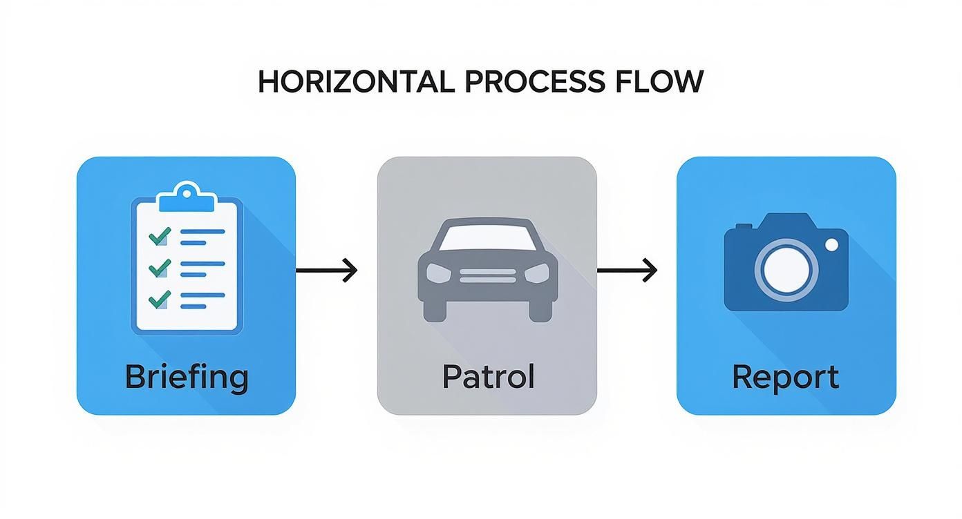 Horizontal process flow illustrating three steps: Briefing (clipboard), Patrol (car), and Report (camera).