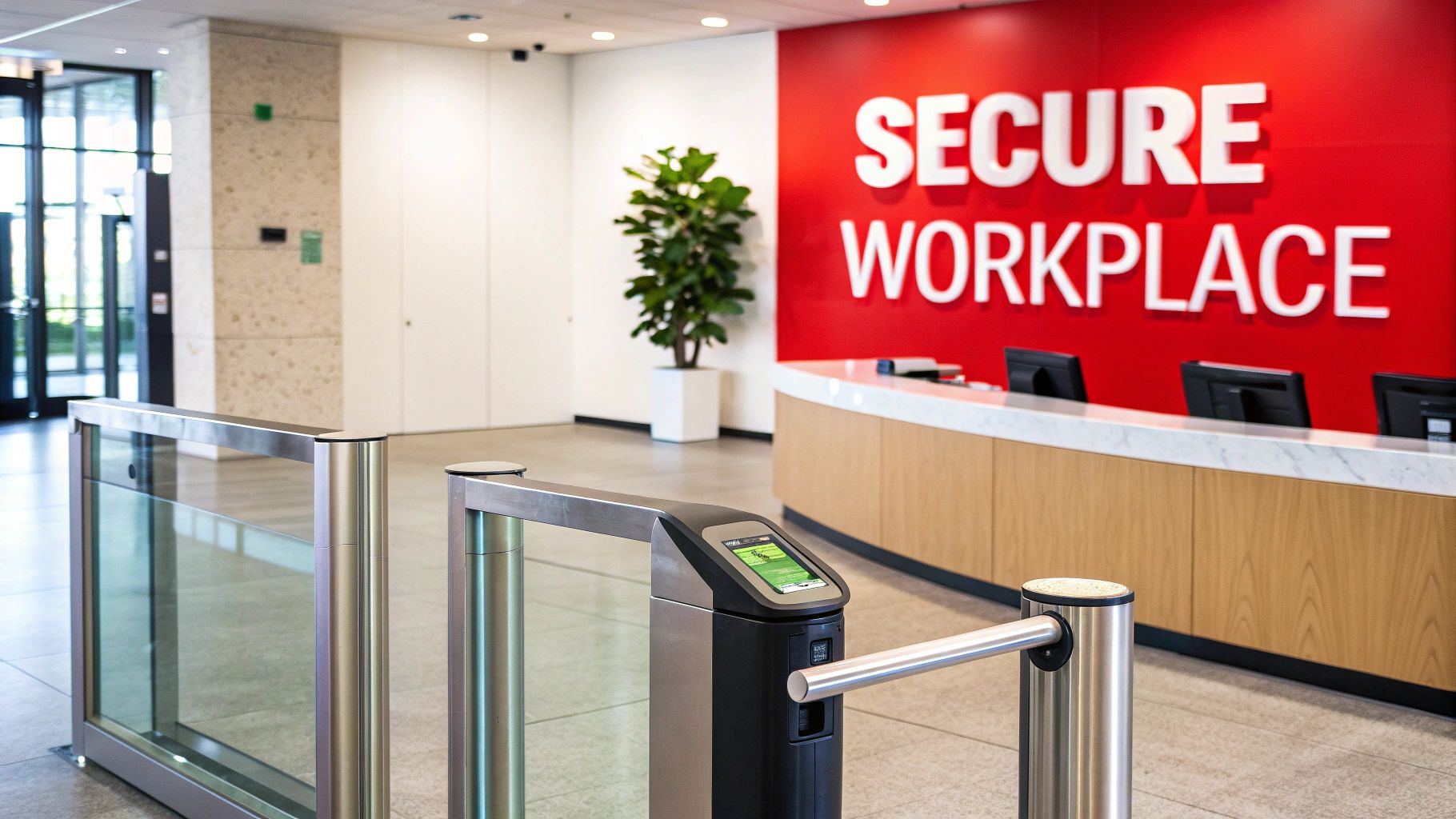 A modern office lobby with security turnstiles and a reception desk, featuring a 'SECURE WORKPLACE' sign.