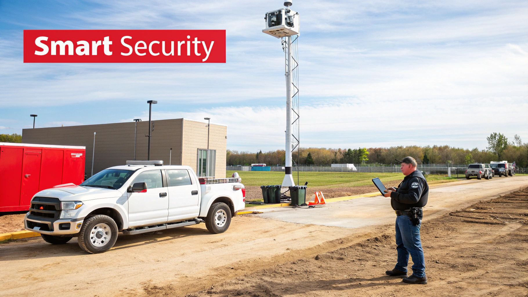 A security guard monitoring surveillance feeds inside a modern control room.