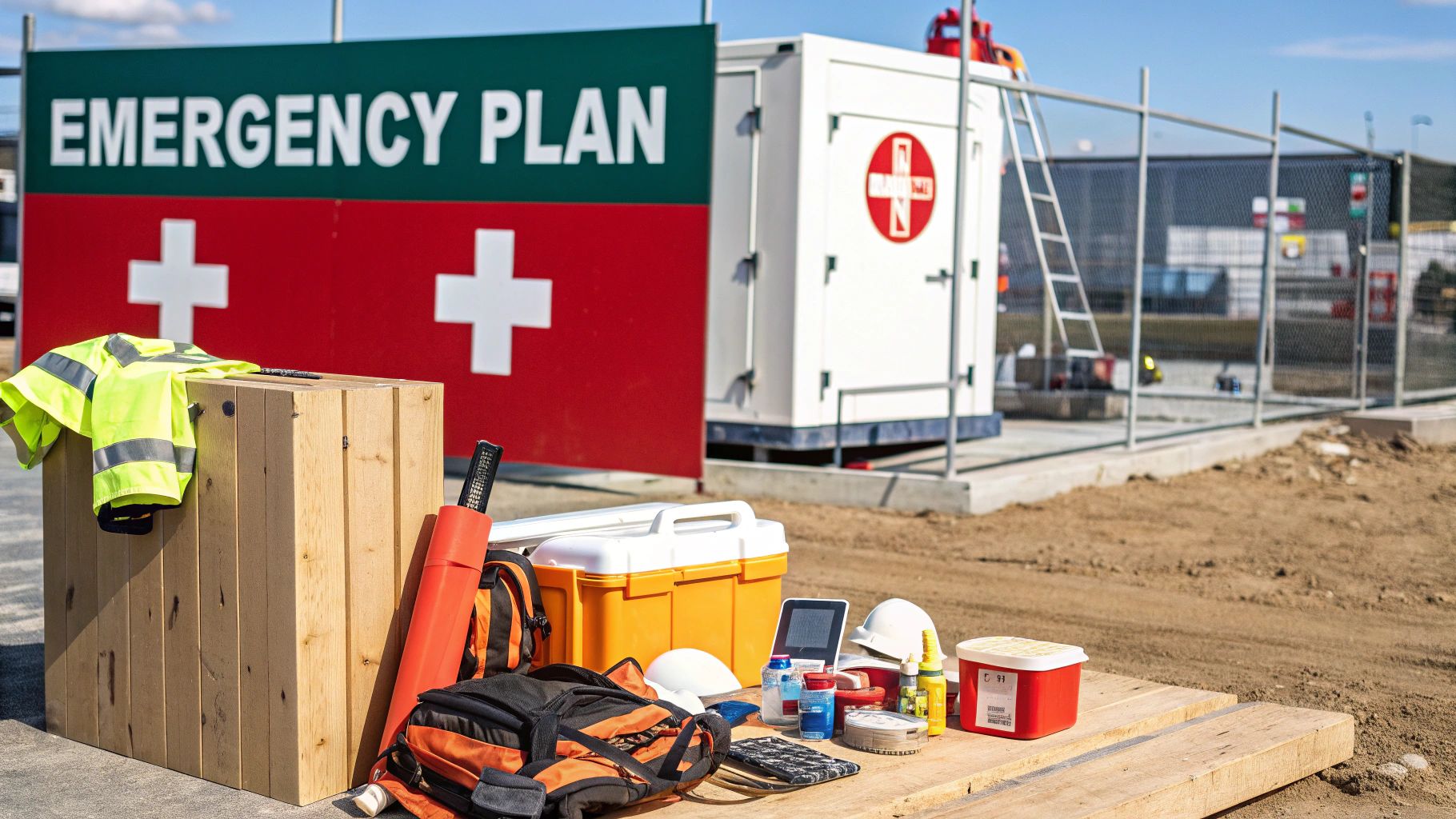 Image showing emergency evacuation route signs on a construction site, reinforcing the need for a clear Emergency Action Plan.