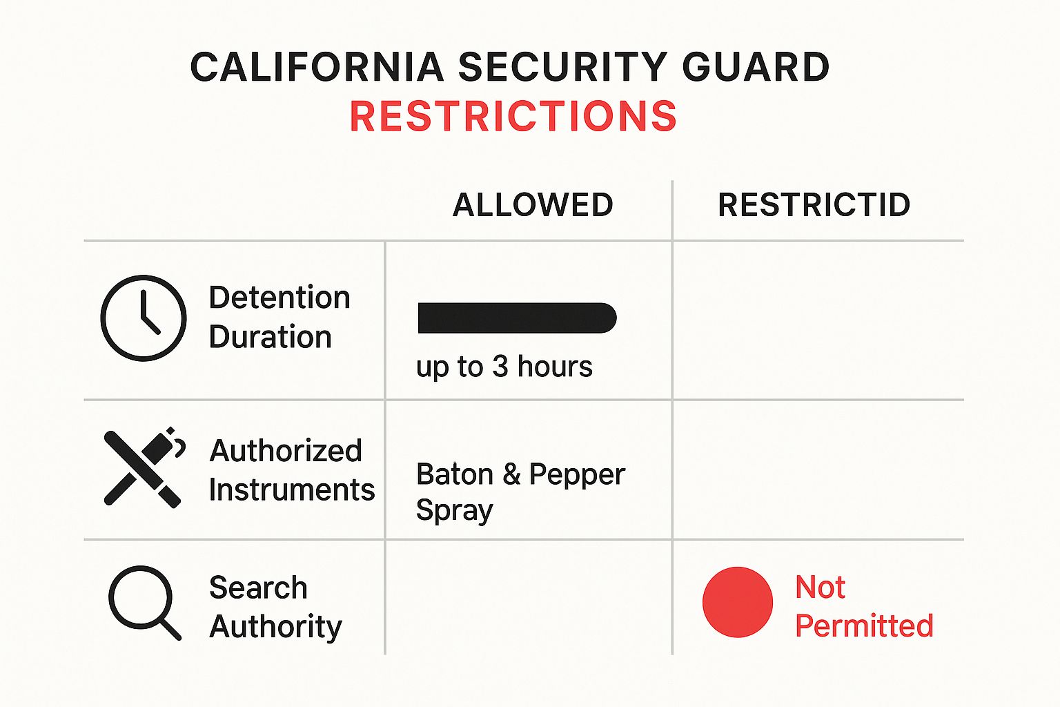 California security guard restrictions infographic highlighting allowed actions, including detention duration of up to 3 hours and authorized instruments like baton and pepper spray, contrasted with prohibited search authority.