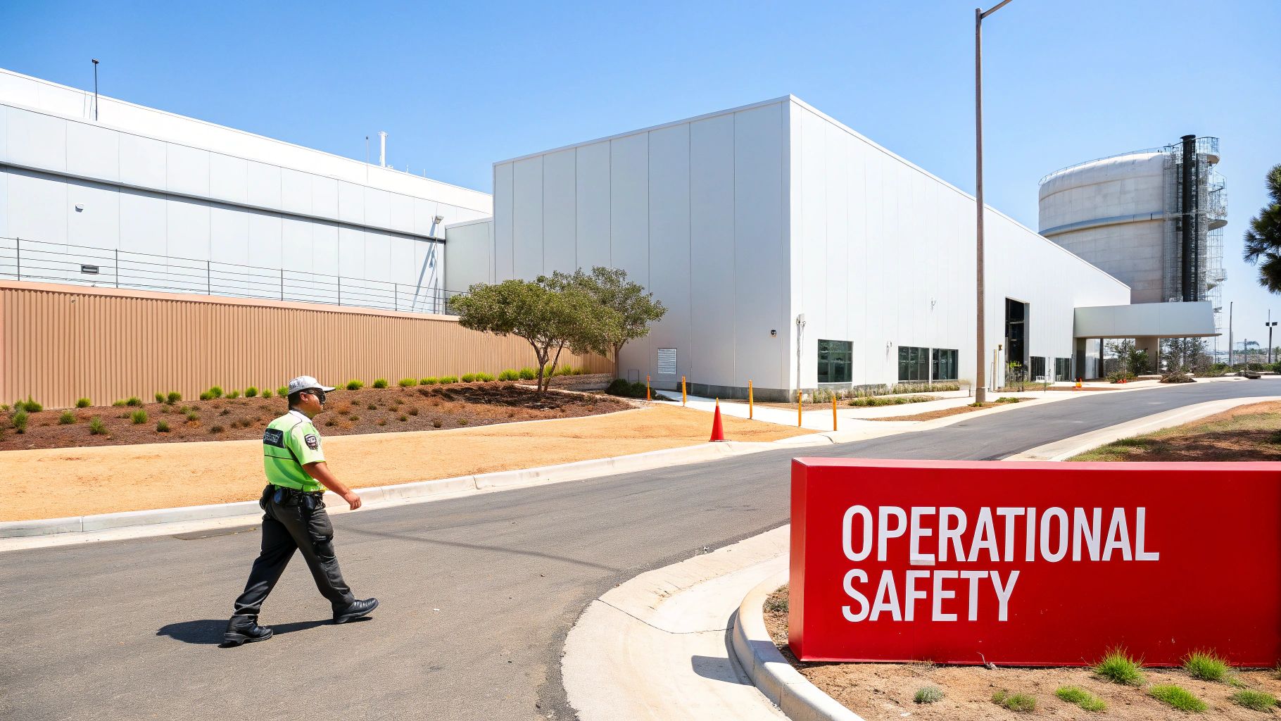 Security guard in green vest walking past operational safety sign at industrial facility