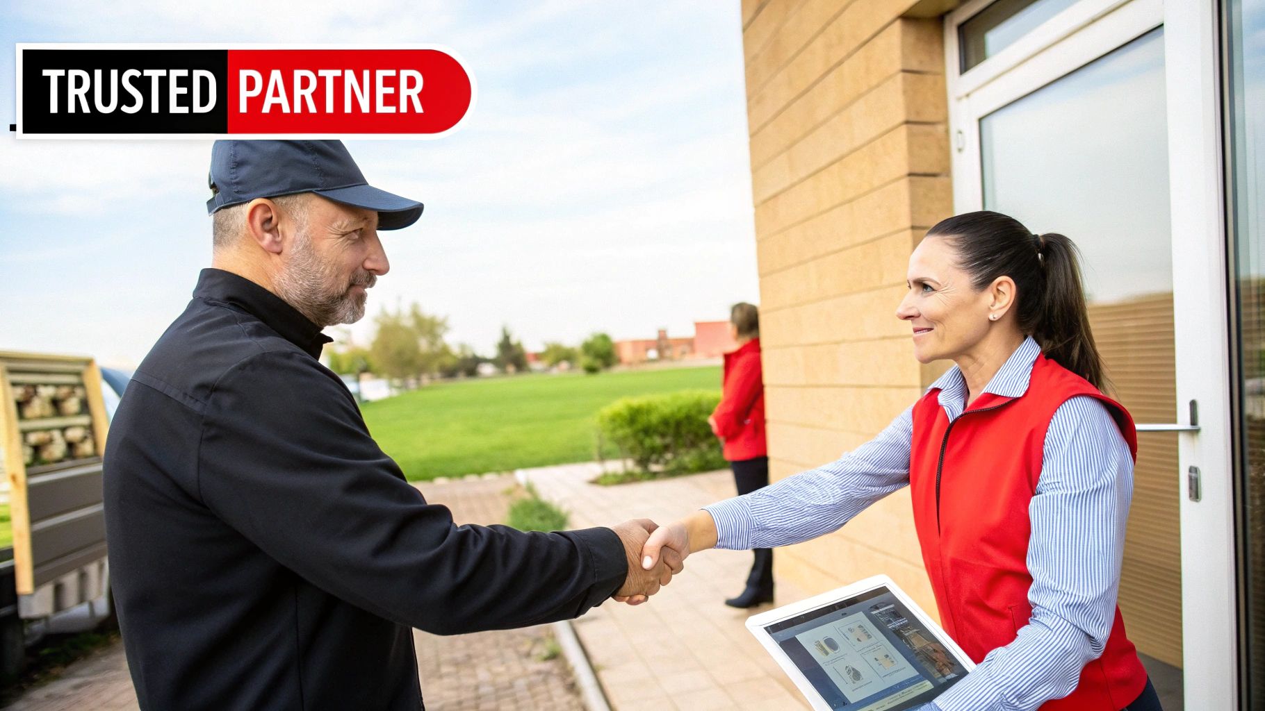 Man and woman shaking hands outside a building, with the text "TRUSTED PARTNER" prominently displayed, symbolizing a partnership in security services and accountability.