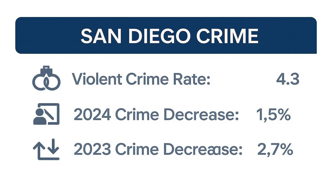 Infographic showing San Diego crime statistics, including violent crime rate and crime decreases for 2023 and 2024.