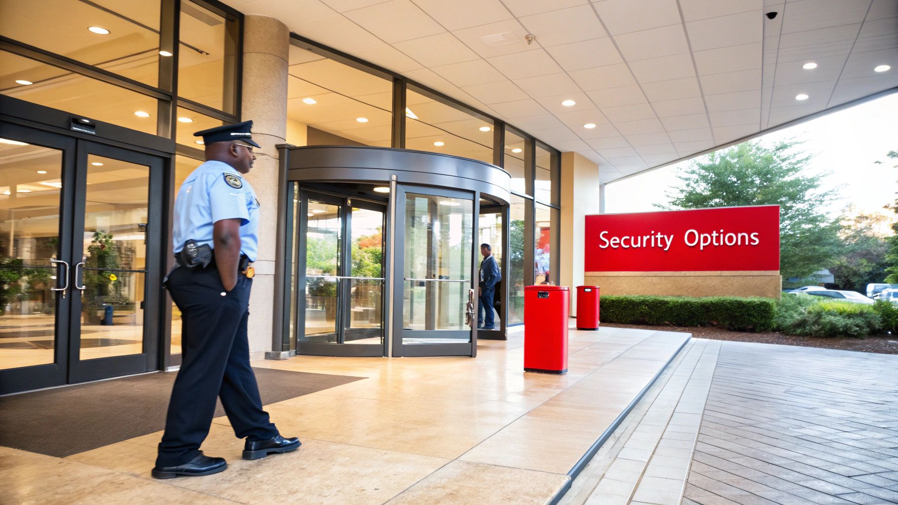 Security guard in uniform standing outside a building entrance with a sign reading "Security Options," emphasizing the importance of on-site security presence for property safety in Los Angeles.