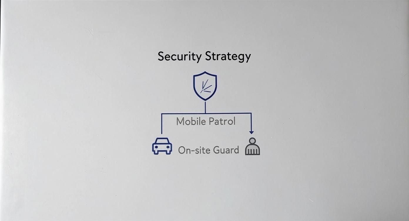 Security strategy diagram illustrating mobile patrol and on-site guard as complementary security solutions.