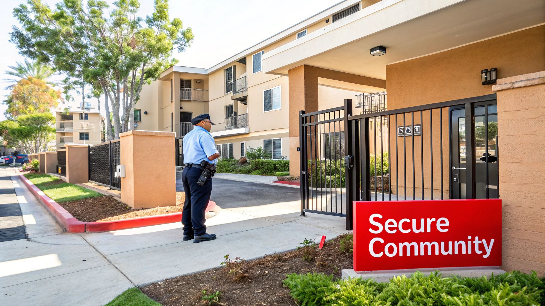 Unarmed security officer monitoring entrance of residential complex with "Secure Community" sign, emphasizing safety and approachable security presence in Northridge.