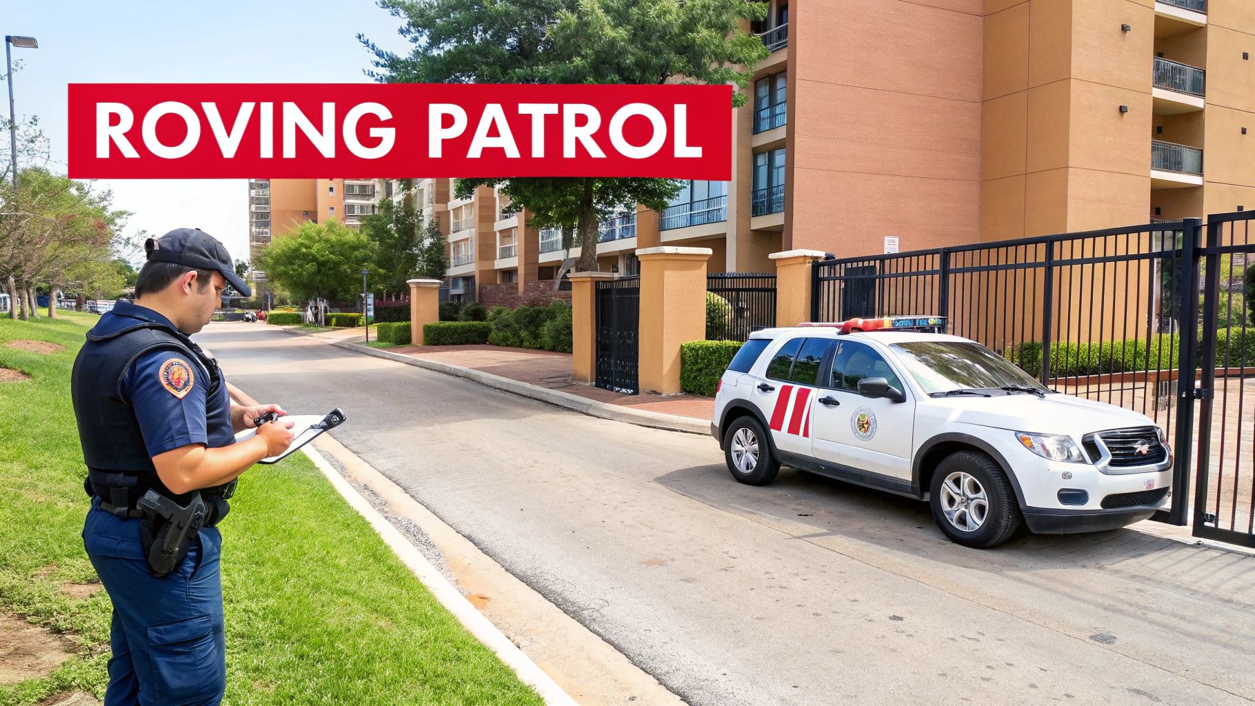 A security guard in uniform writes on a clipboard next to a white security patrol SUV.
