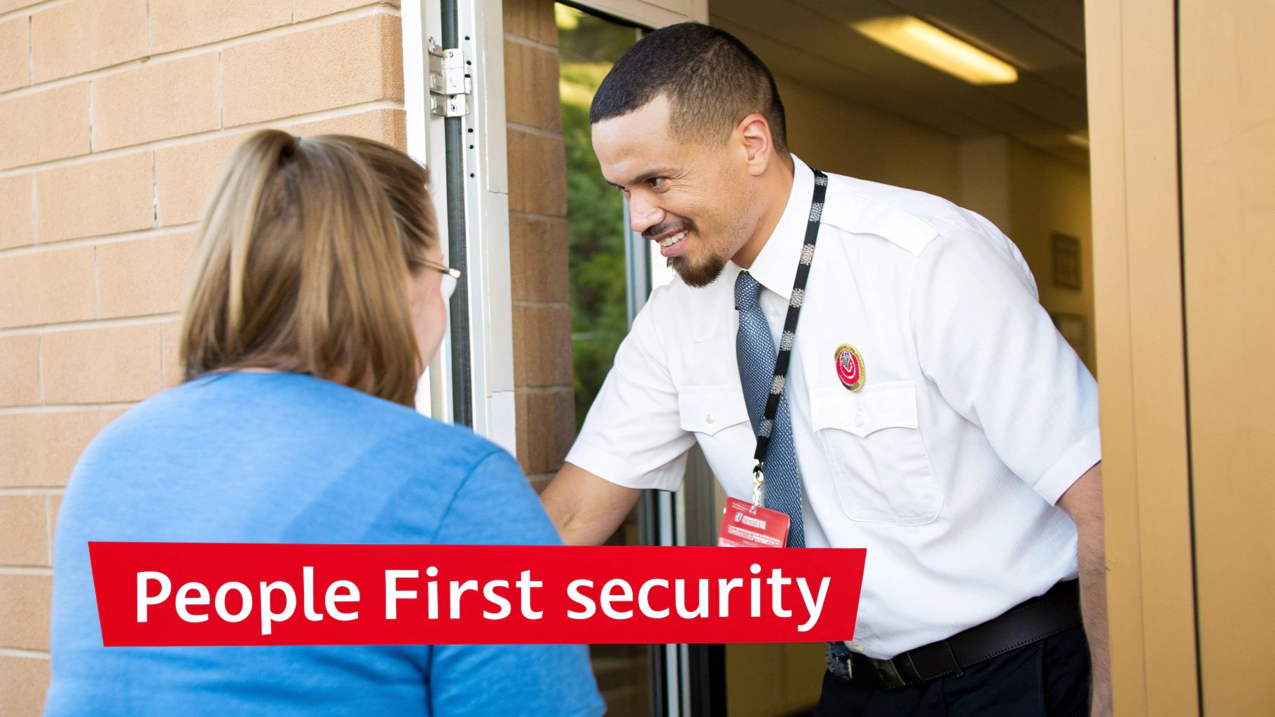 A friendly security guard in a white shirt and tie interacts with a woman at a building entrance.