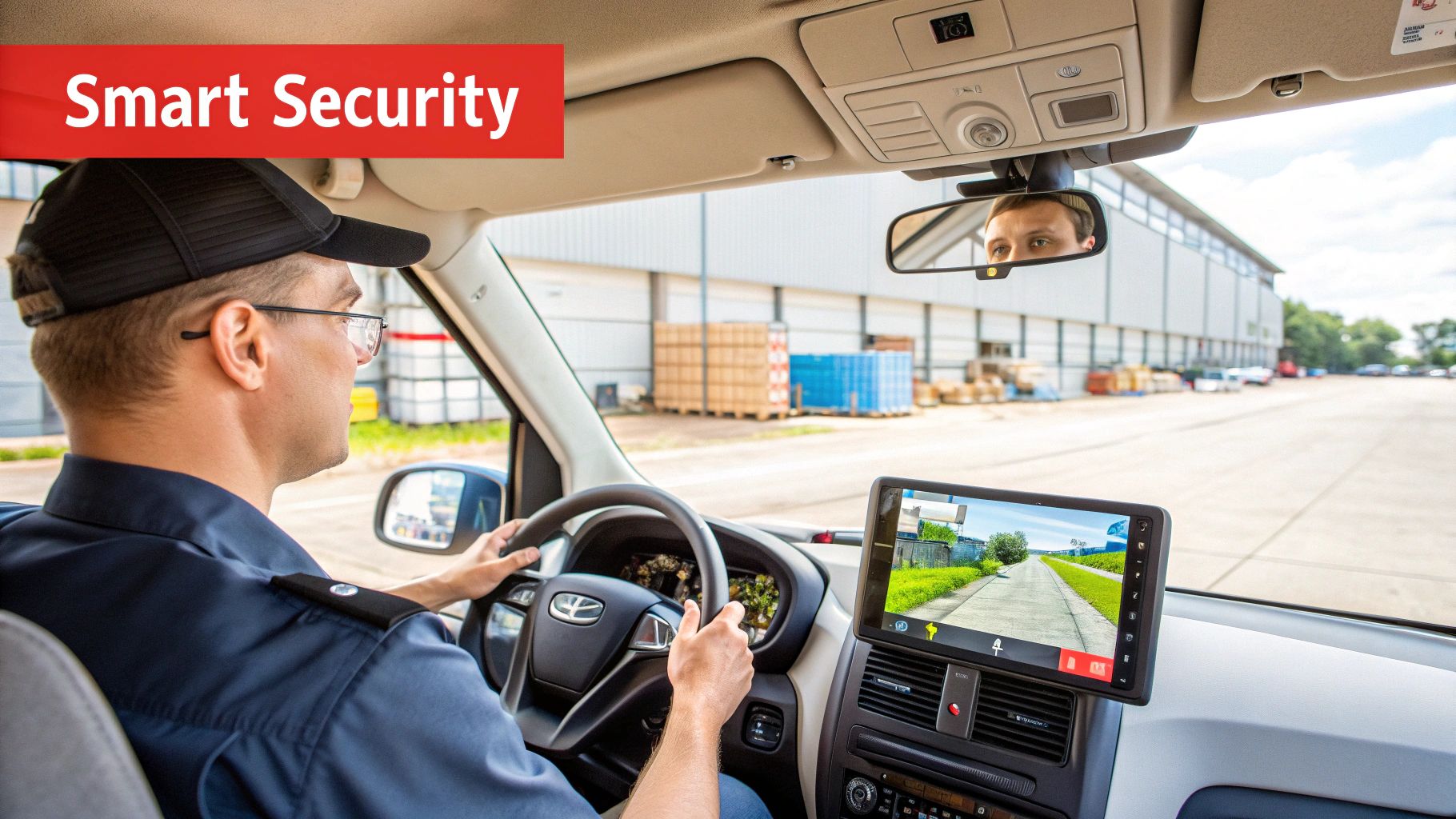 A security guard driving a patrol vehicle, viewing live camera footage of a warehouse area on a tablet.
