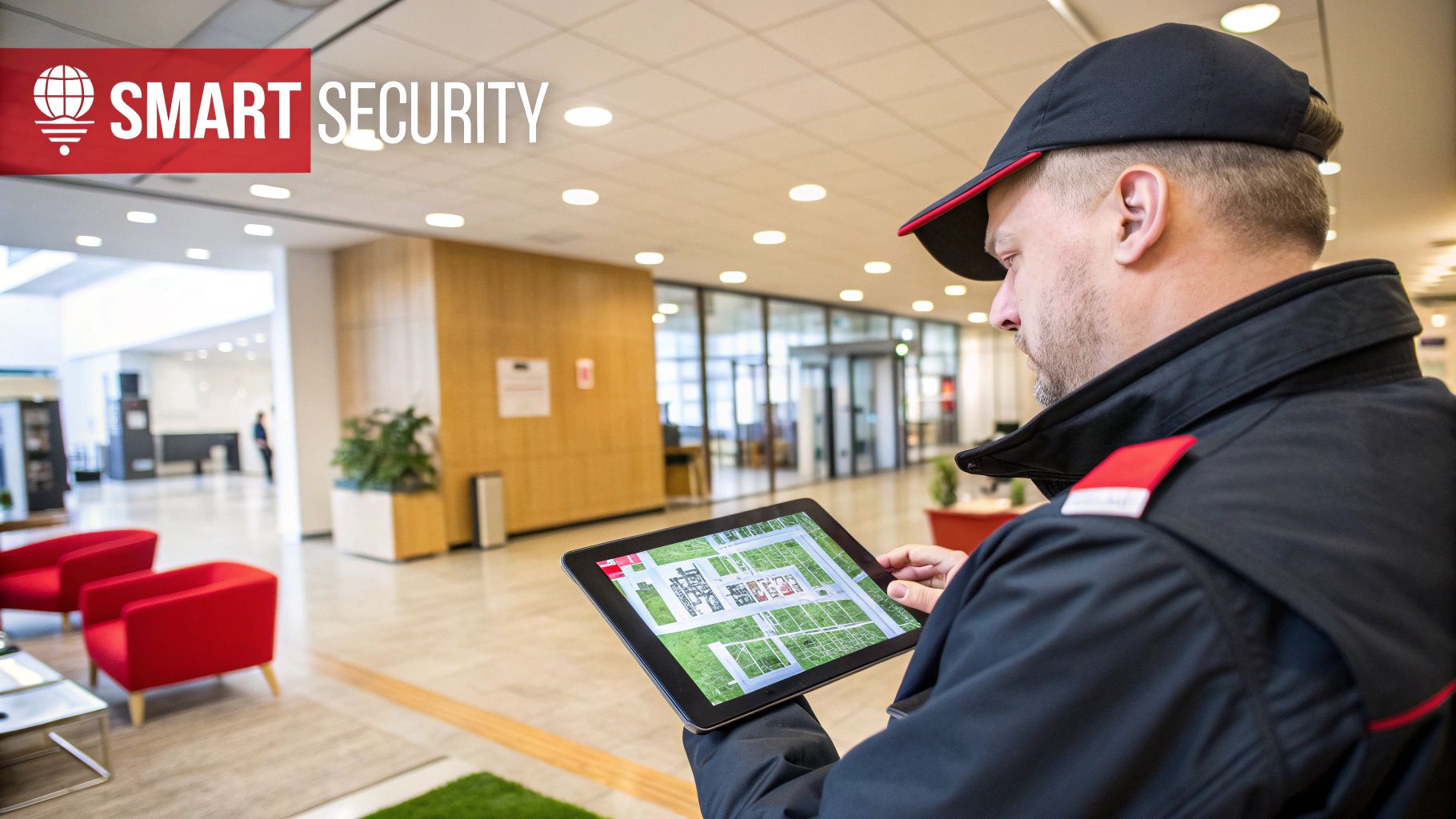 Security officer using tablet to review property layout and access points, emphasizing modern training techniques in smart security solutions.