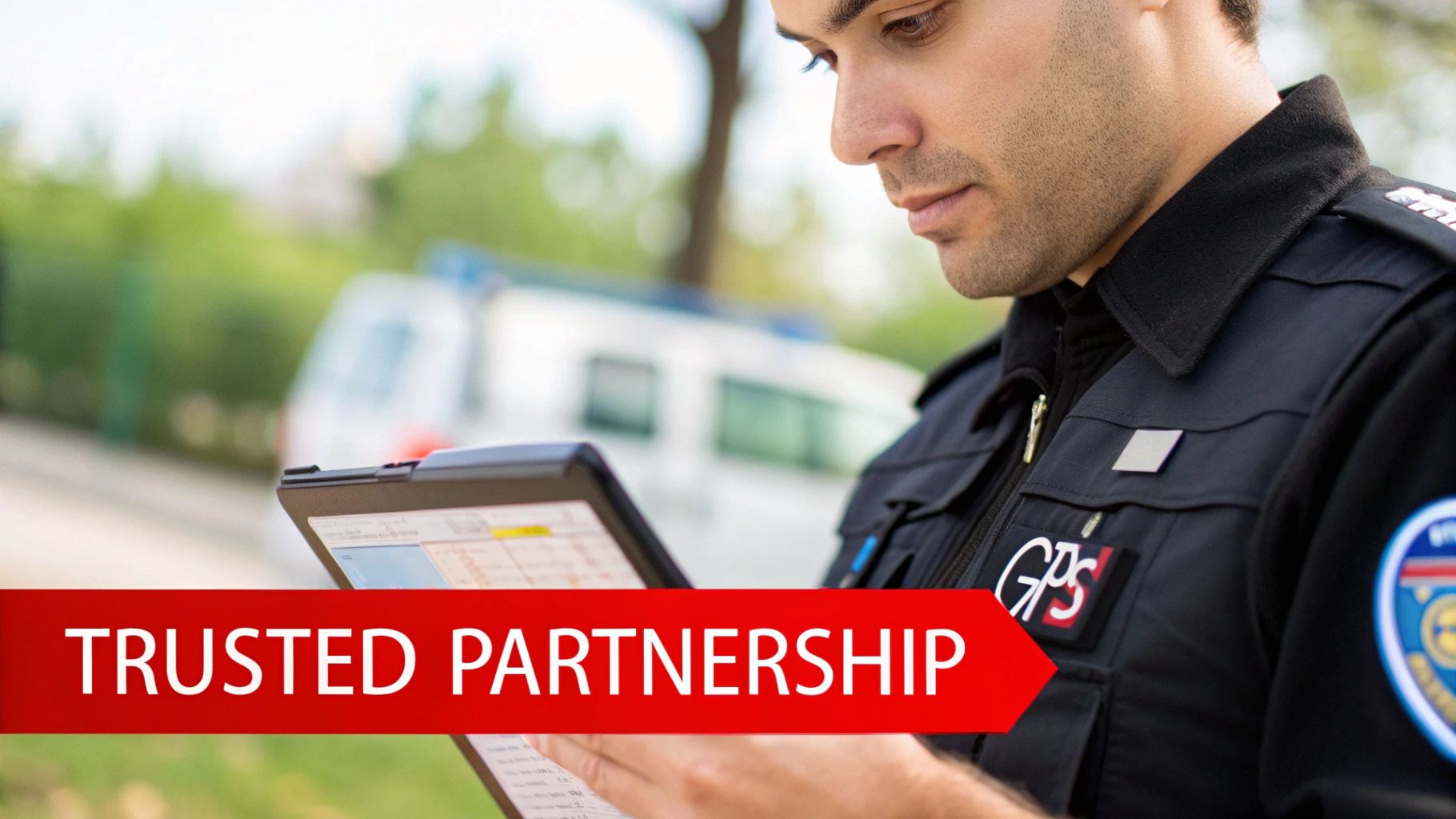 A security officer using a tablet to file a digital report, with a modern building in a background.