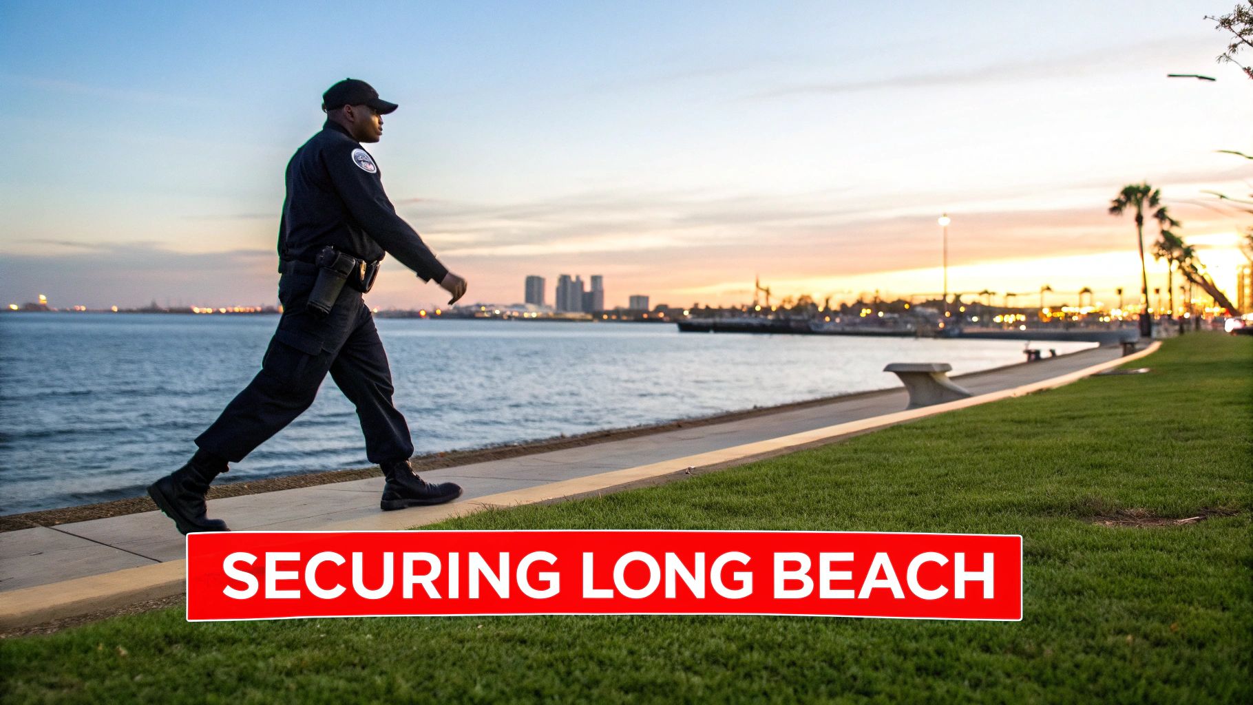 Unarmed security officer walking along the waterfront in Long Beach, emphasizing professional presence and safety in a welcoming environment.