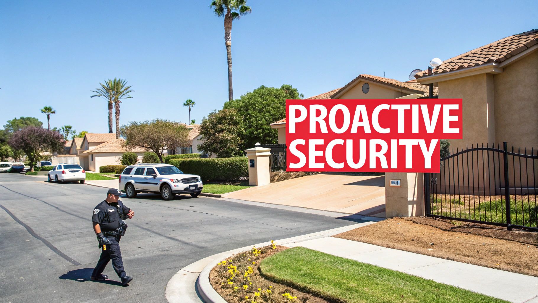 A security guard walks a patrol route in a residential neighborhood with houses and palm trees, highlighting proactive security services.