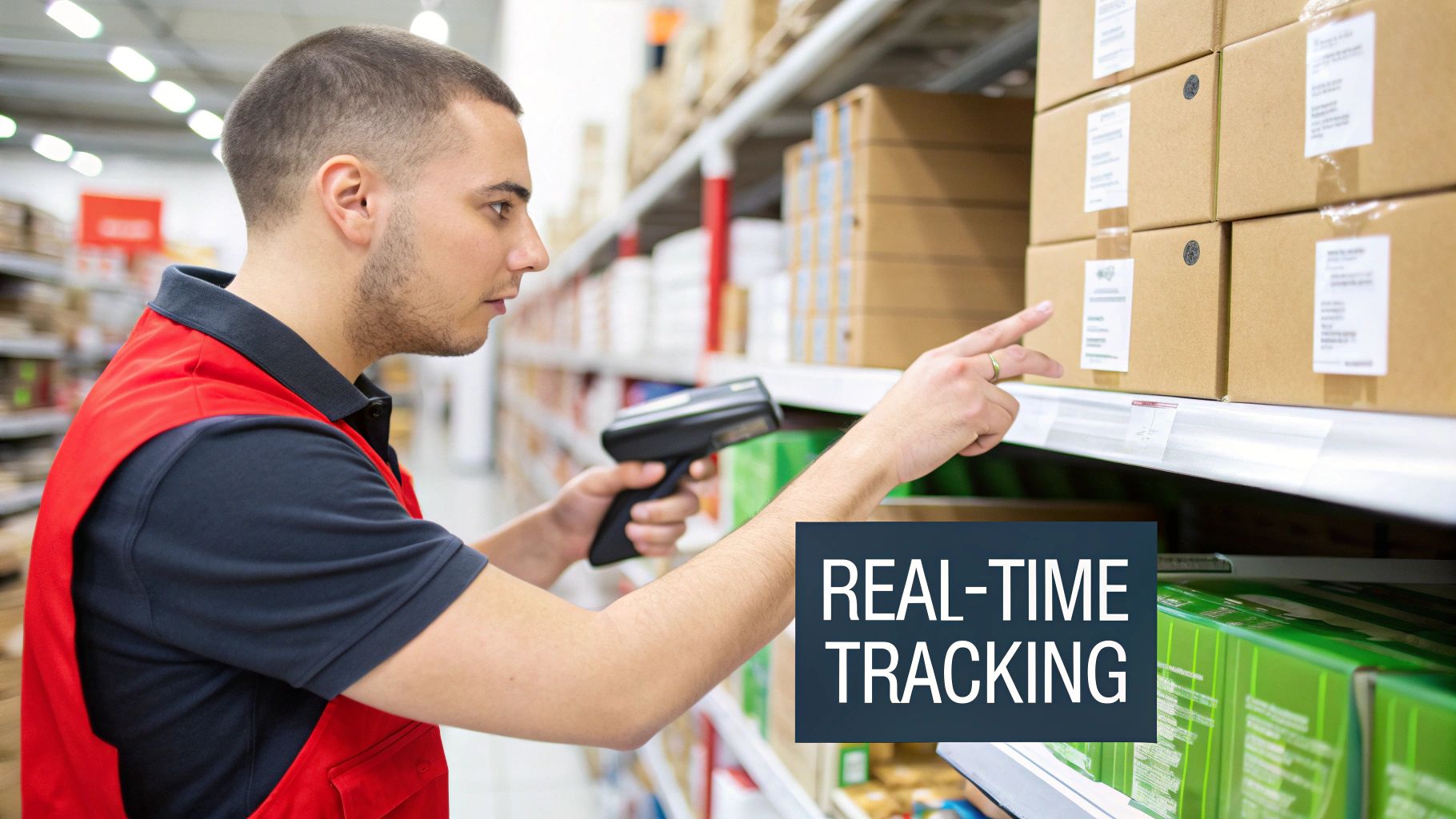 Employee scanning inventory with barcode scanner in retail environment, emphasizing real-time tracking for effective inventory management and loss prevention strategies.