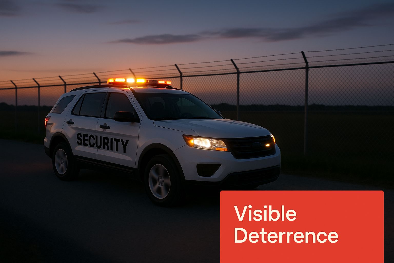 Security patrol vehicle with illuminated lights, emphasizing visible deterrence for property protection.