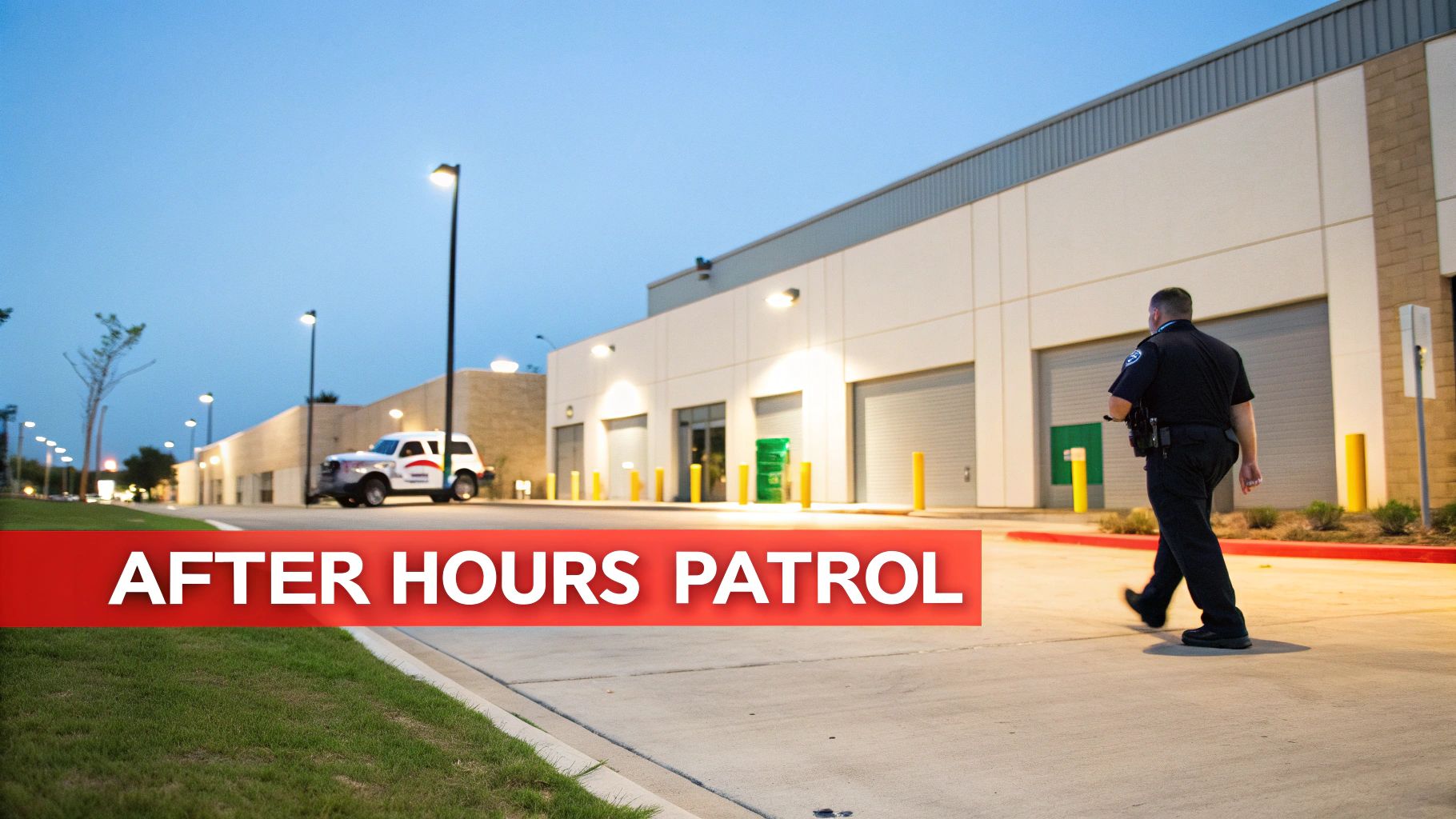 A security guard walks past industrial buildings at dusk, performing an after-hours patrol.