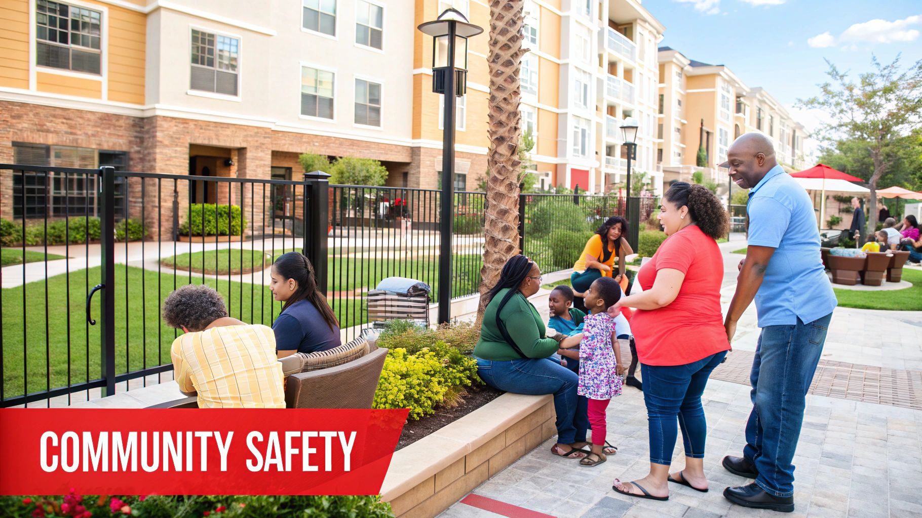 Community members engaging in conversation and play in a residential area, highlighting community safety and interaction, with a focus on families and children in a well-maintained outdoor space.