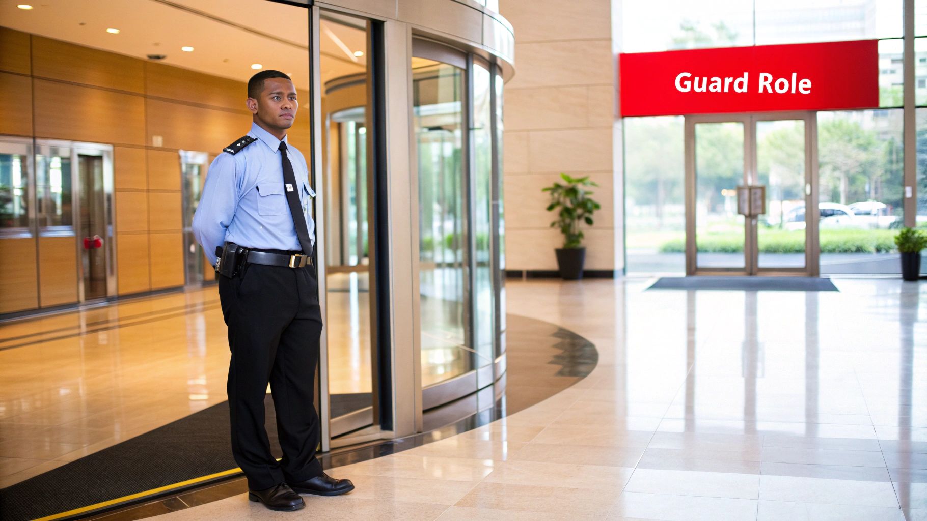 Security guard standing at entrance in a modern building, emphasizing the role of observation and deterrence, with a visible sign reading "Guard Role."